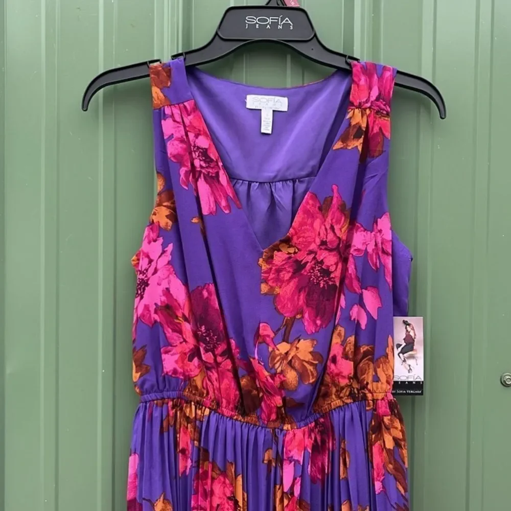Sofia Vergara Sleeveless Pleated V-Neck Sheer Dress, Above Ankle Length, Size S - Picture 3 of 8